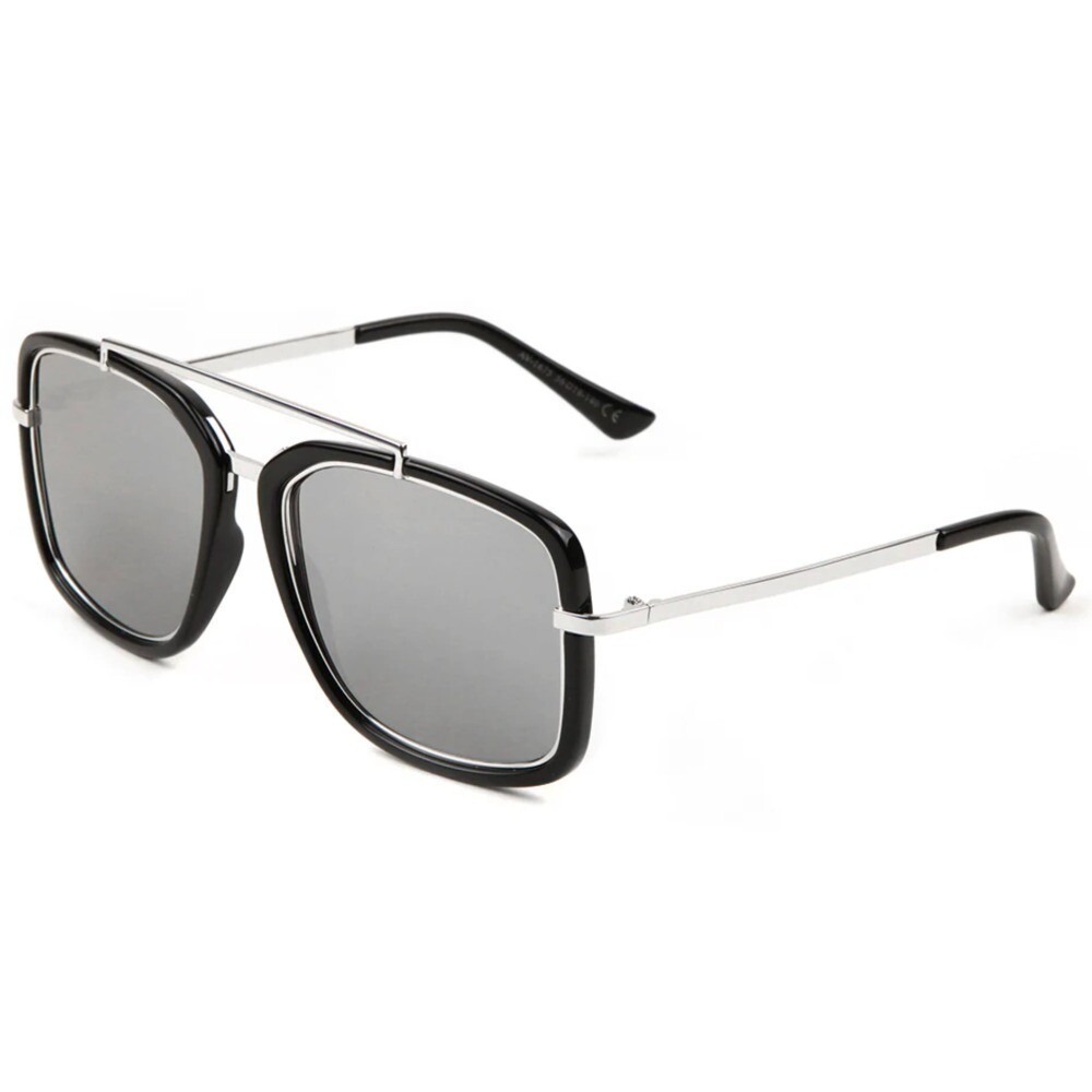 Square Sunglasses Men's Fashion Shades Silver Accents Mirror Lens Trendy‎ Shades